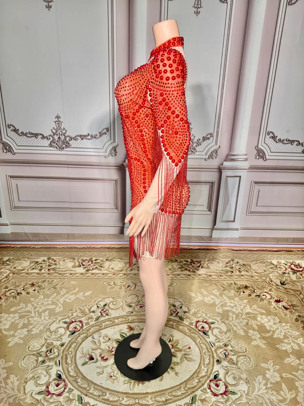 2023 New Customized Tassels  Mesh lace Feather High Elastic Short Sleeve Pearl Sexy Tight Party Dress Stage Performance Dress