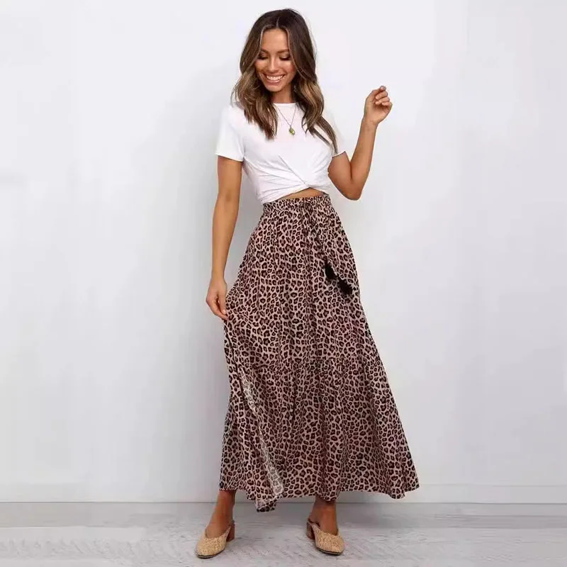 The new luxury Spring and autumn elastic high-waisted brown leopard print spun rayon burst skirt