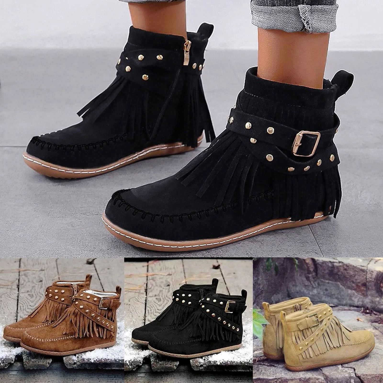 Women Solid Retro Toe Round Short Shoes Tassel Zipper Flat Color Booties Women\'S Boots Womens Fold Over Boots