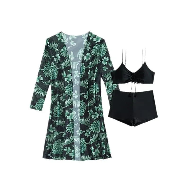Women Bathing Suit 3 Piece Swimsuit Kimono Sports High Waist Bikini Beach Cover Up Drawstring Swimwear Print Bathing Suit Swim