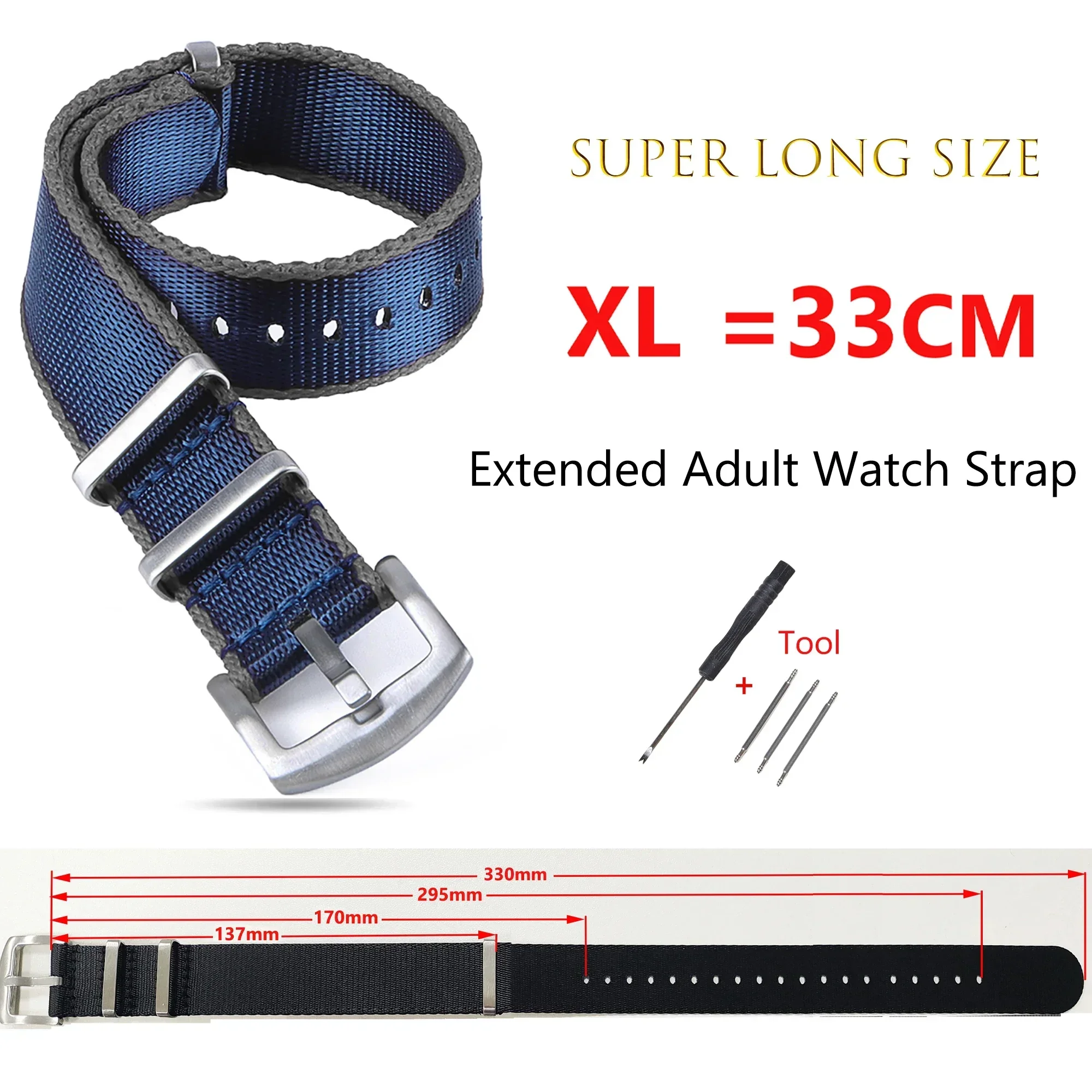XL Bracelet Super Long Size 33CM Watchband for Big Wrist Adult Military Band for Seiko Nylon Strap for Omega for Rolex 20mm 22mm