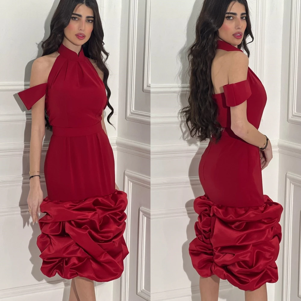 

Evening Saudi Arabia Jersey Pleat Homecoming Column Halter Bespoke Occasion Gown Midi Dresses