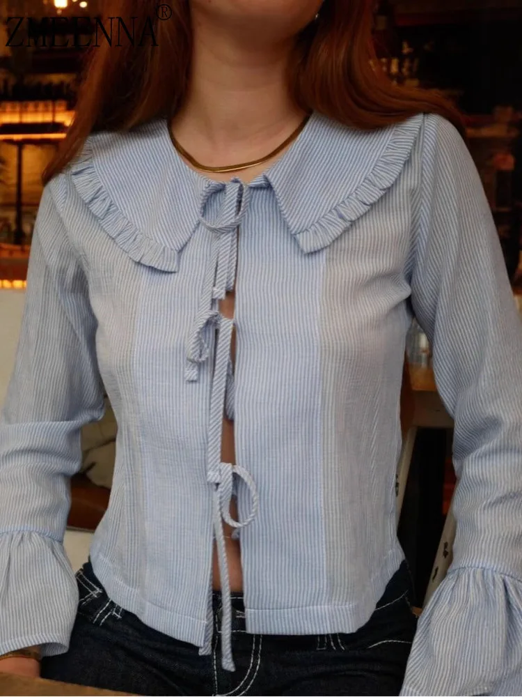 

ZMEENNA Women's Blue And White Striped Blouse With Ruffled Collar And Tied Front Long Sleeve Shirt Casual Spring ZM3799