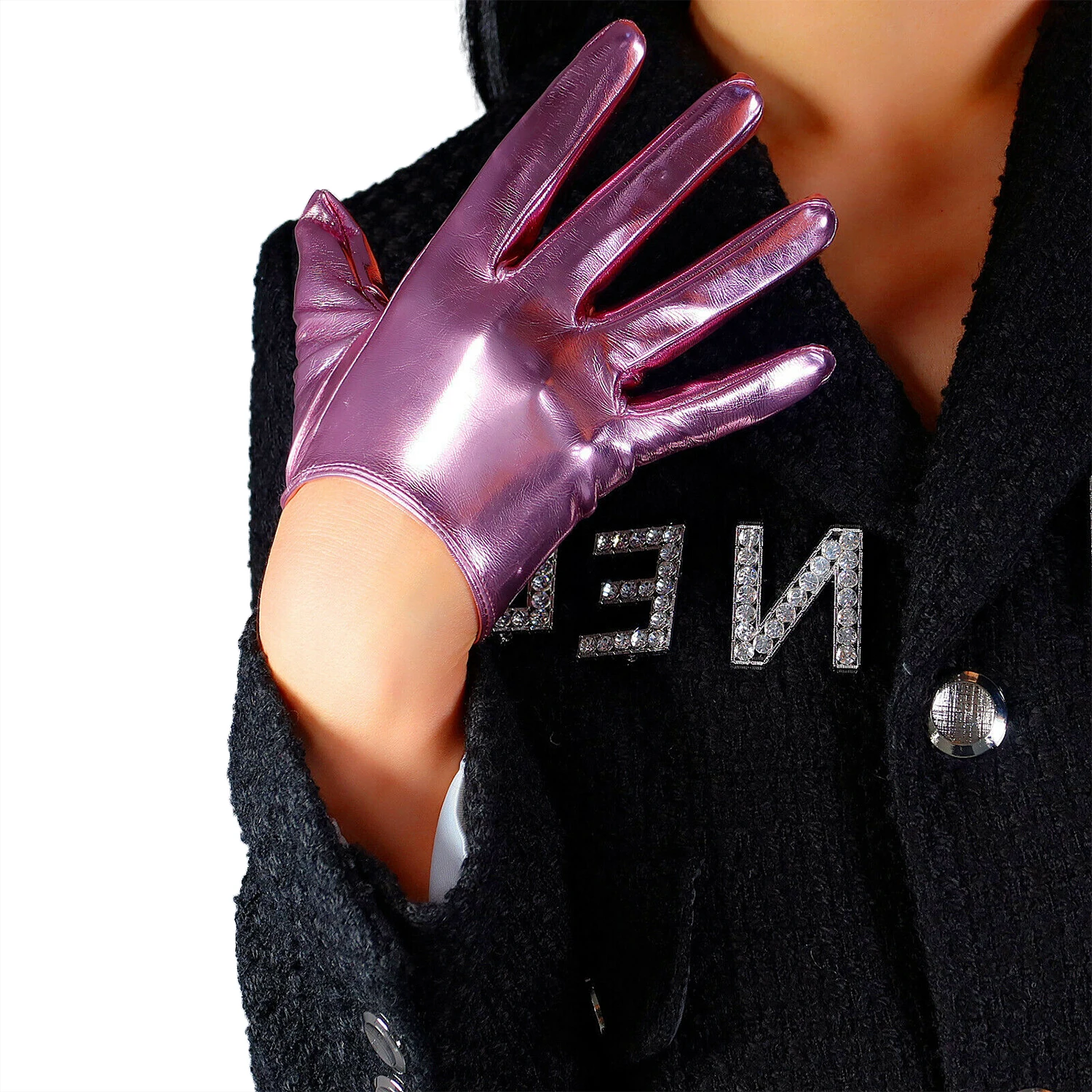 DooWay Women's Shine Dusty Pink EXTRA SHORT LATEX GLOVES Faux Patent Leather 16cm Evening Dressing Party Cosplay Nightclub Glove