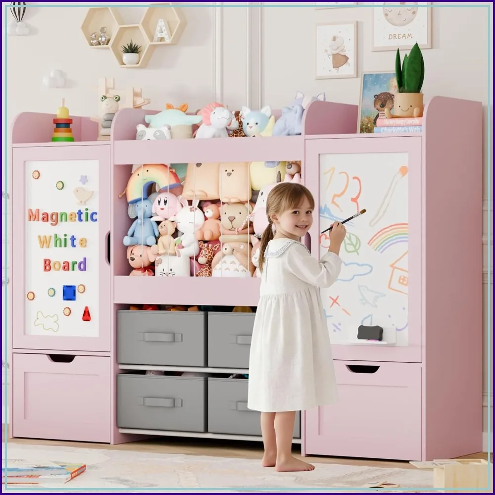 61 Inch Wooden Toy Organizer with Magnetic Boards and 6-Cube Bookshelf
