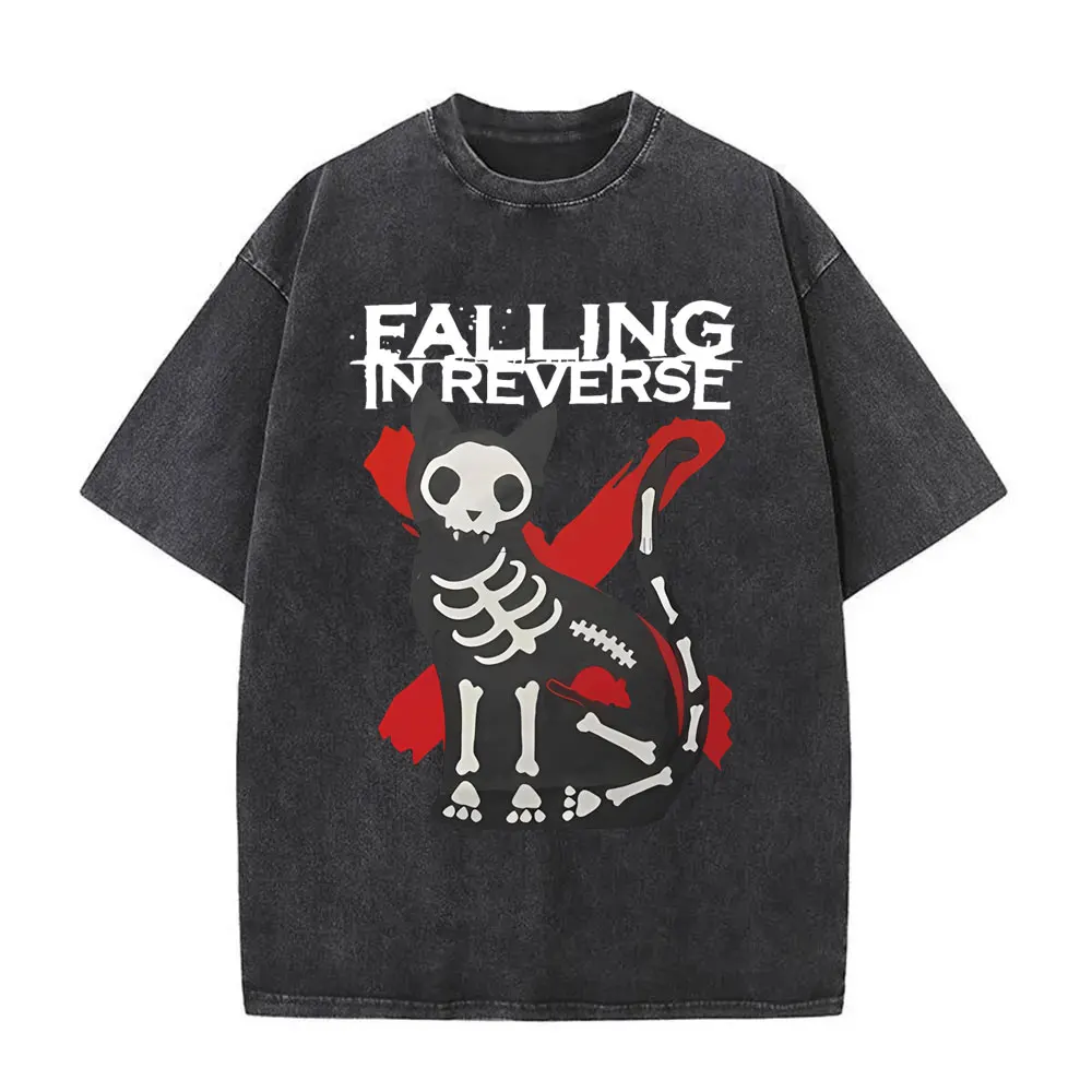 

Washed Vintage Falling in Reverse Band Cat Graphic T-shirt Men Women Gothic Casual Oversized T Shirt Men's Retro Rock Streetwear