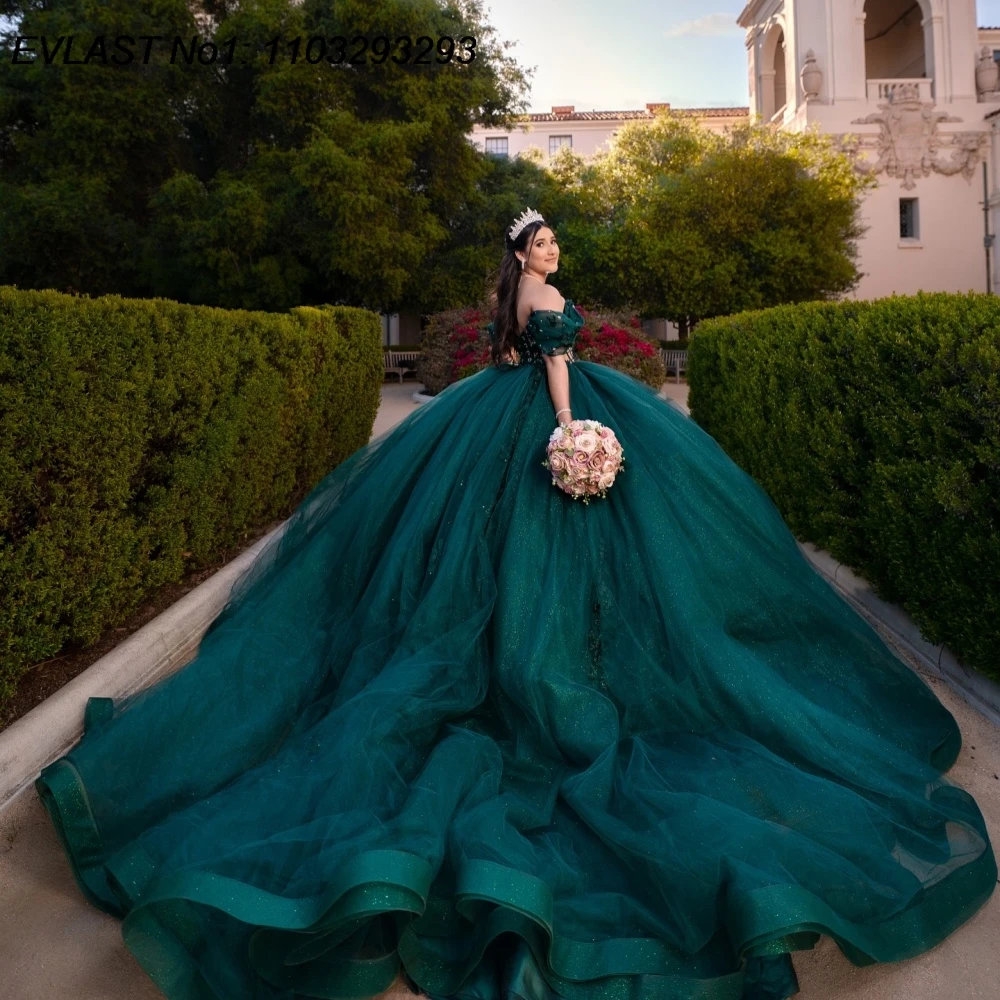 فستان Quinceanera مخصص باللون الأخضر اللامع من EVLAST فستان حفلة مزين بالدانتيل اللامع مطرز بالخرز الحلو 16 فيستدوس دي 15 أنوس E1QN656 #4