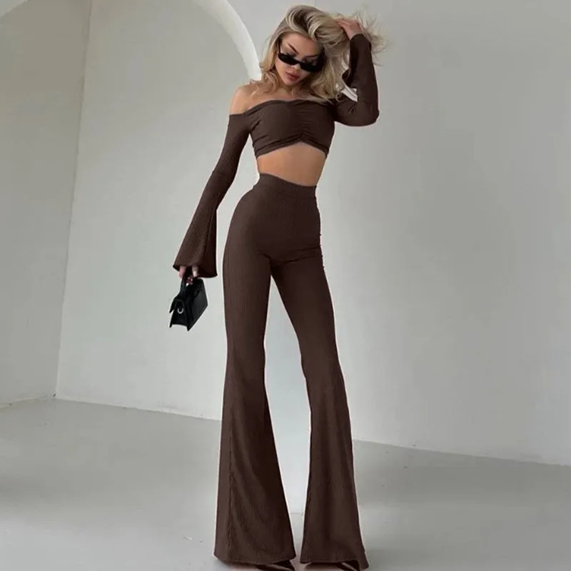 

Autumn New Fashion Sports Women's Suit Sexy One-shoulder Long-sleeved Slim Short Top Casual Solid Color Micro-flare Trousers Set