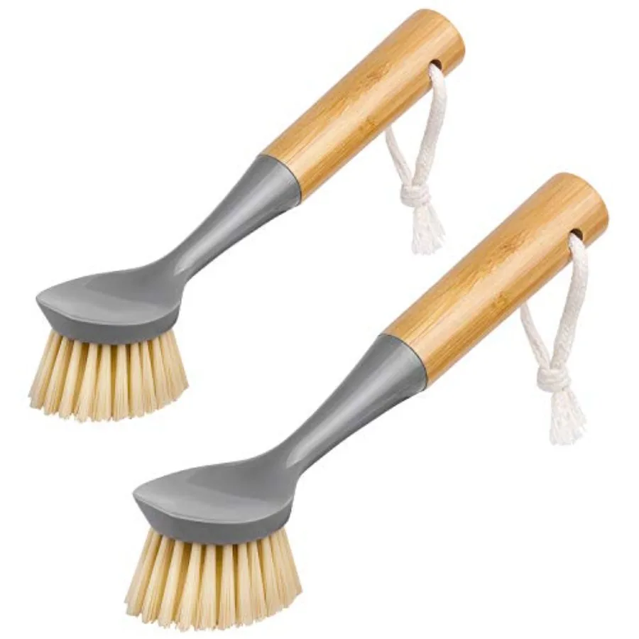 Dish Brush with Bamboo Handle Built-in Scraper, Pack of 2 Scrub brush for dishes, pans, pots, kitchen sinks cleaning, palm scru