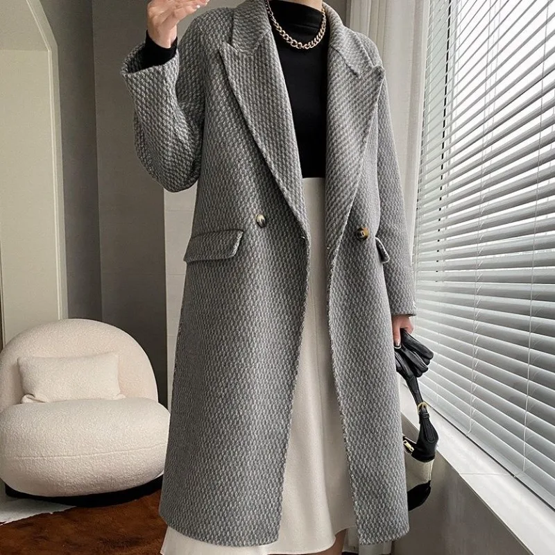 Reversible Cashmere Coat for Women, Casual Rhombus Plaid Thick Woolen Coat, High-End, Suit Collar, Fashion, New, Autumn, Winter