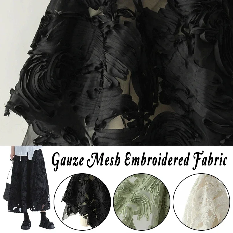 Large Flower Gauze Embroidery Fabric Chrysanthemum Leaf Mesh 3D Embroidered Fabric Perspective Dress Tutu Skirt DIY Fabric