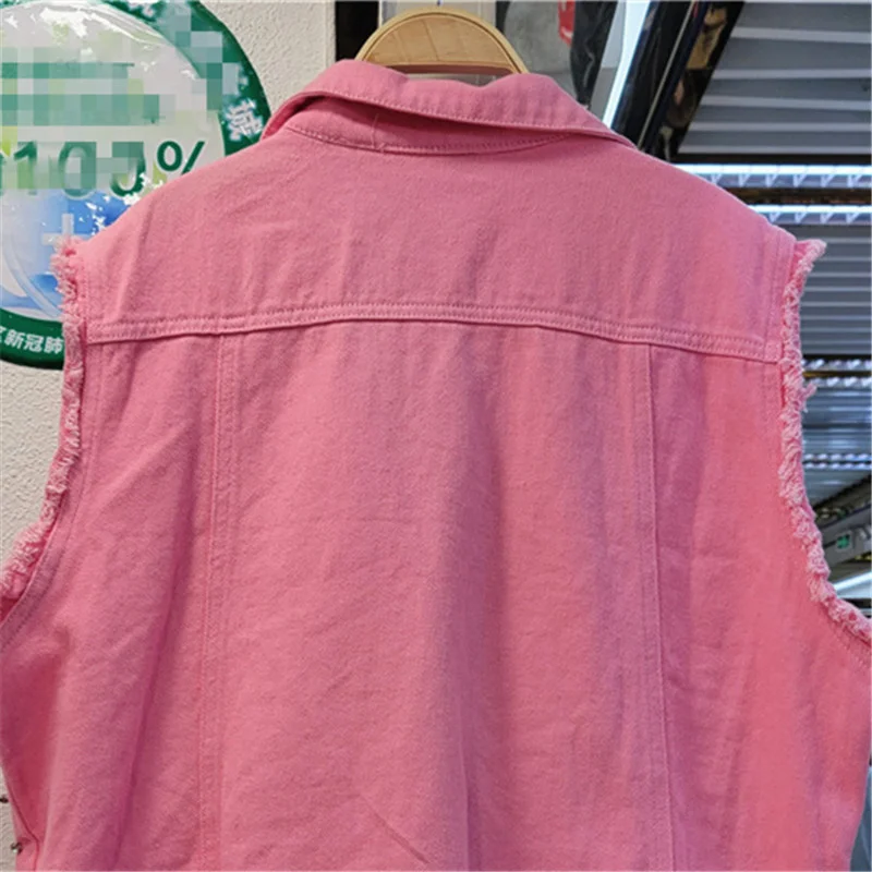 Chaleco vaquero con cuentas de diamantes para mujer, chaleco vaquero corto holgado a la moda con dobladillo deshilachado, chaqueta vaquera sin mangas blanca y rosa, abrigo para mujer