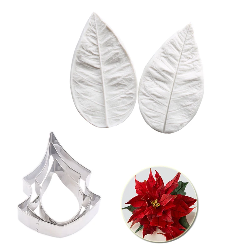 5pcs Poinsettia Double Veiner Side Silicone Mold & Flower Cutter Set Cake Decorating Fondant Petal Clay Mold Sugarcraft M2121