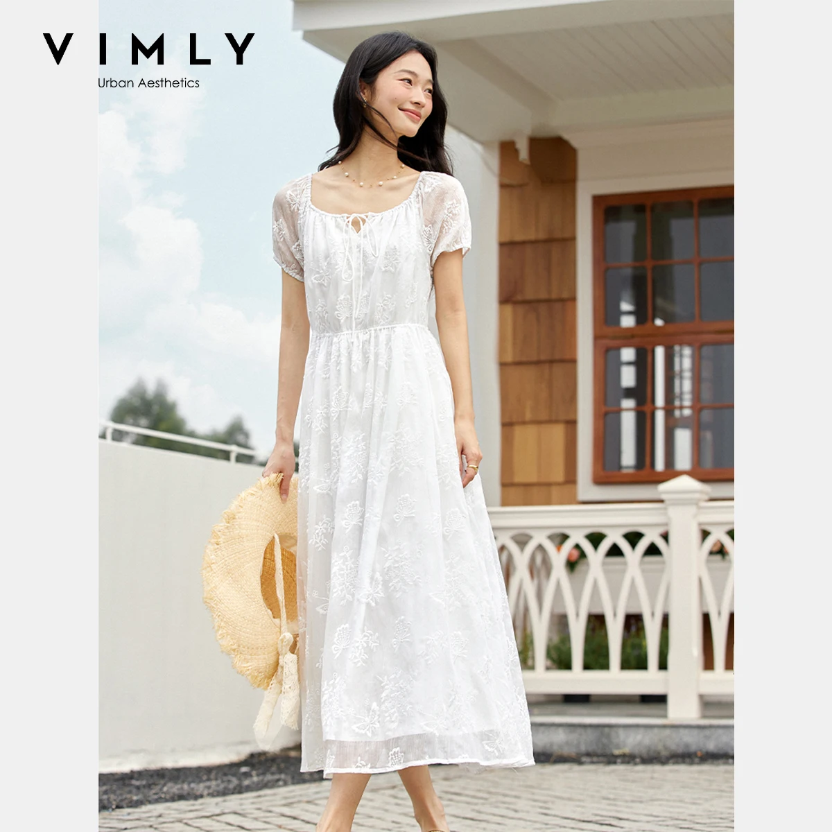 

VIMLY White Long Dress French Woman Summer 2025 Vacation Jacquard Embroidered A-line Puff Sleeve Lady Dresses Robe Femmes A1762