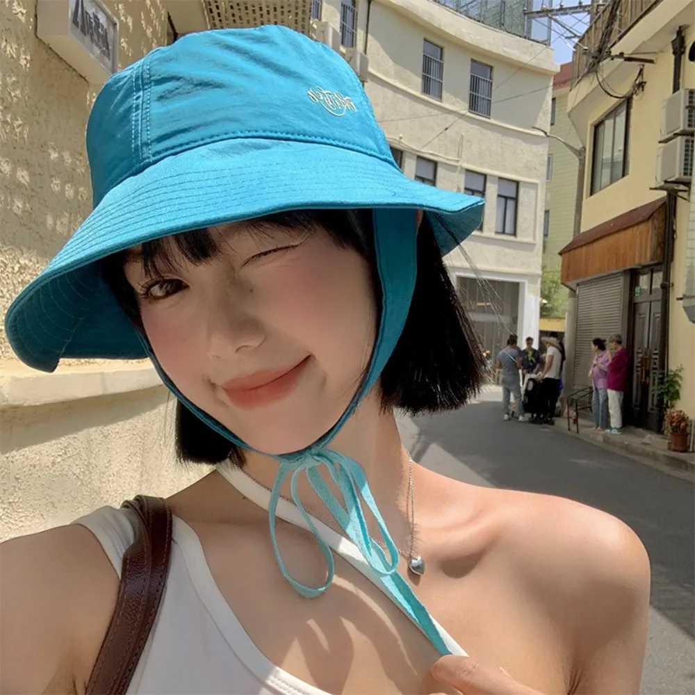 Fashion Show Face Strap Bucket Hats Sun Protection Lace-up Basin Hat with String Breathable Women's Caps Women