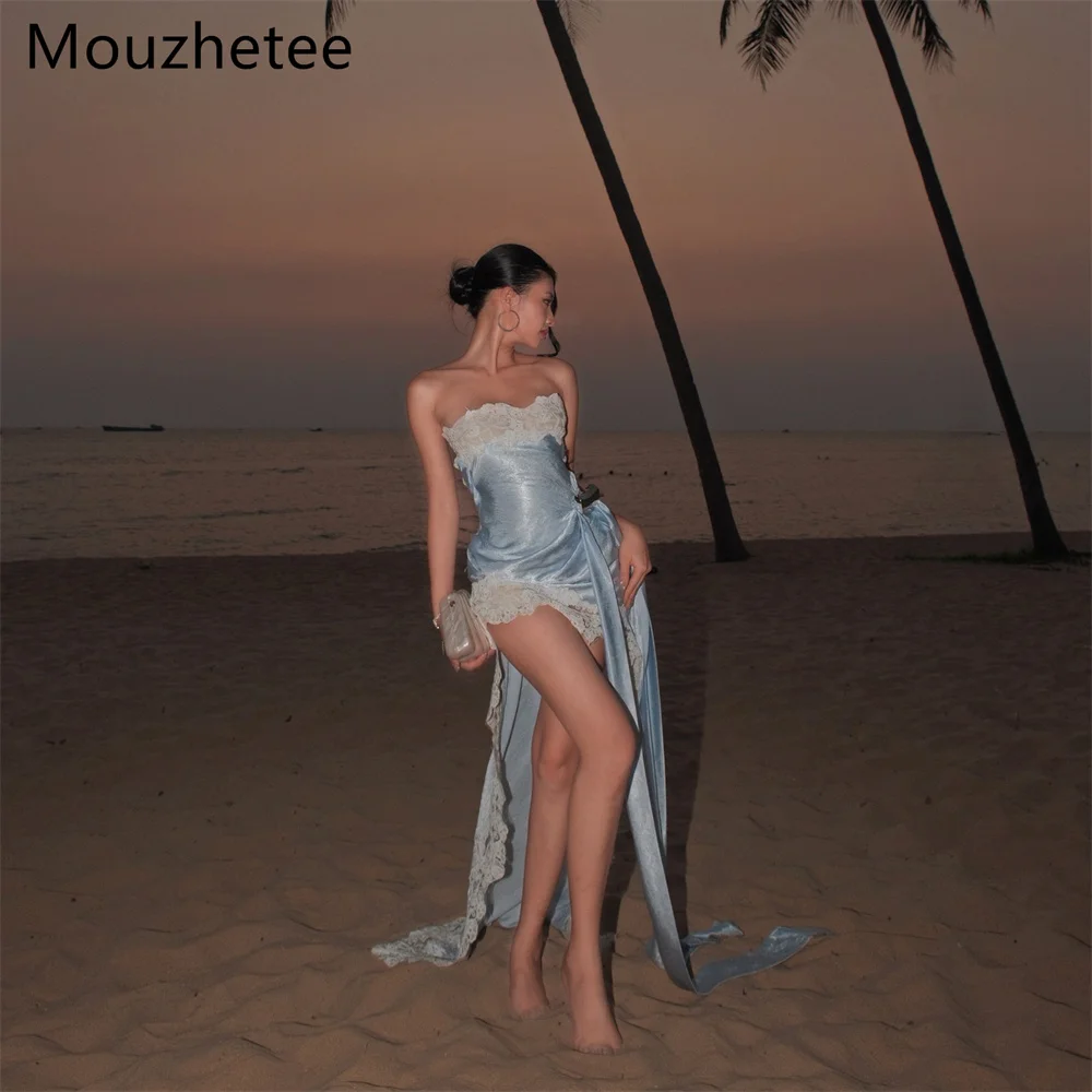 

Mouzhetee Elegant A-Line Strapless Lace Evening Dresses Formal Party Gowns for Women Simple Side Split Prom Gown Customized 2026
