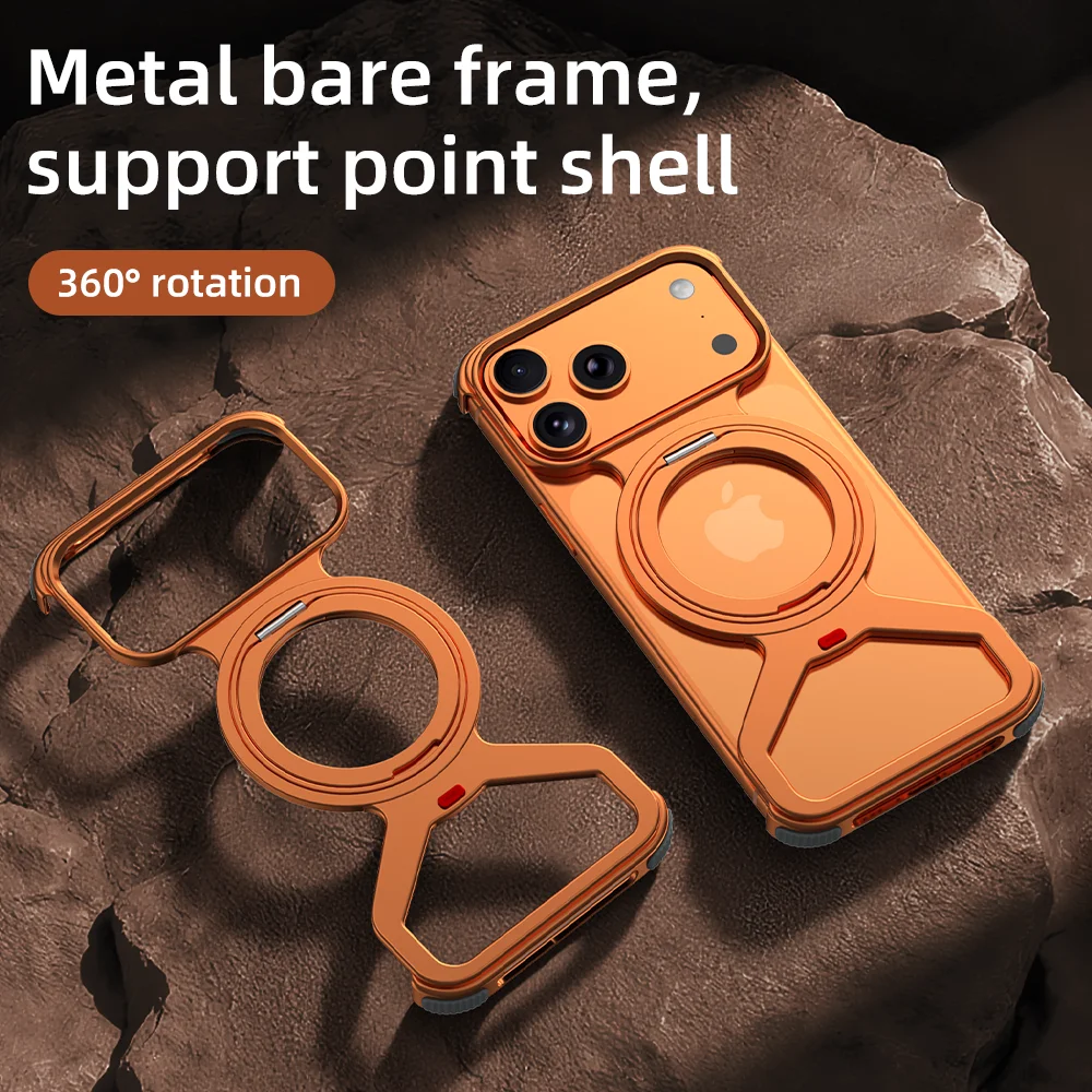 Безрамочный металлический чехол Oatsbasf для iPhone 17, 17 Pro, 17 Pro Max, 17 Air с защитой 360° °   Вращающаяся подставка Magsafe Shockproof Protecti
