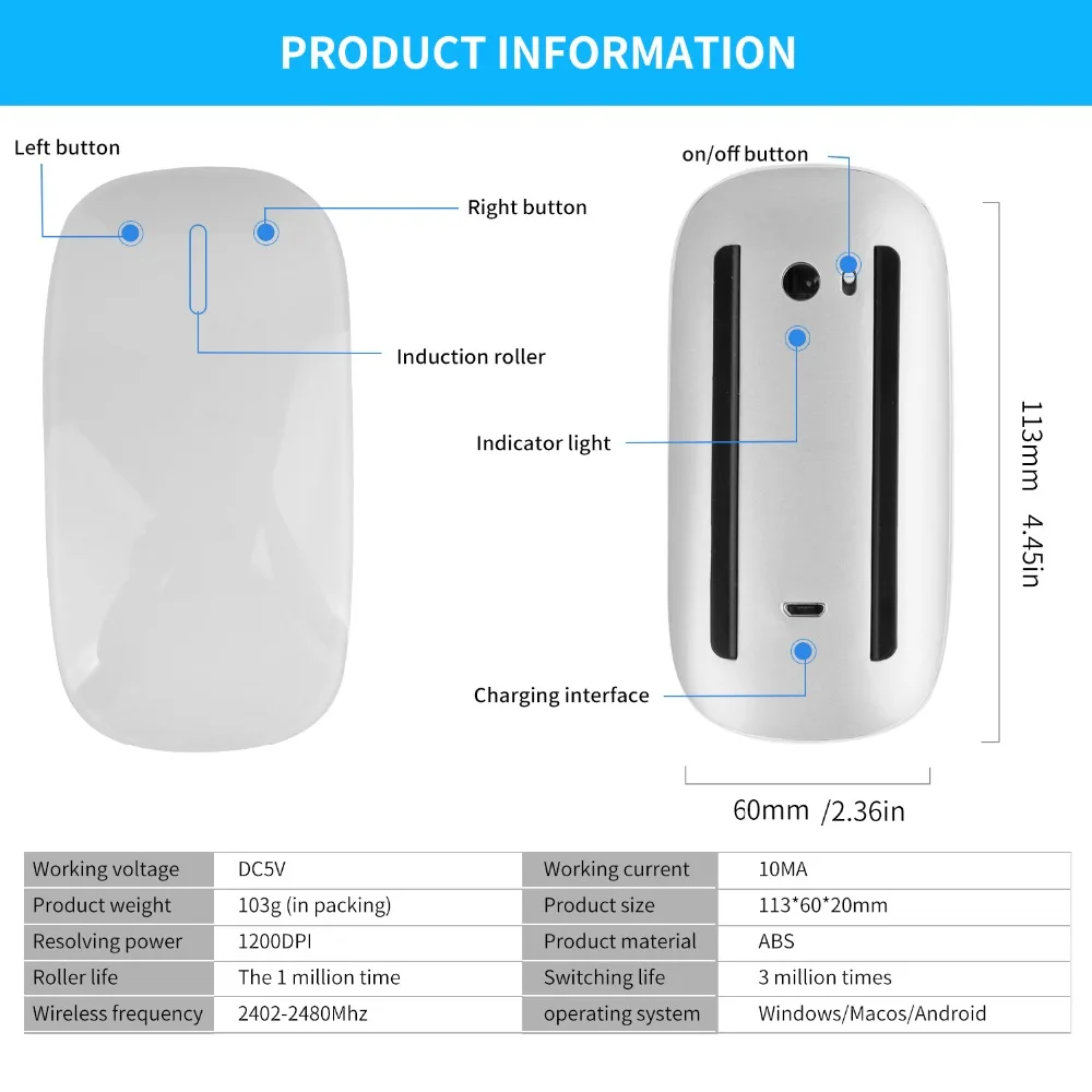 Mouse sem fio Bluetooth, Ratos Recarregáveis para Apple Macbook Air Pro, Xiaomi Laptop PC, Computador Notebook