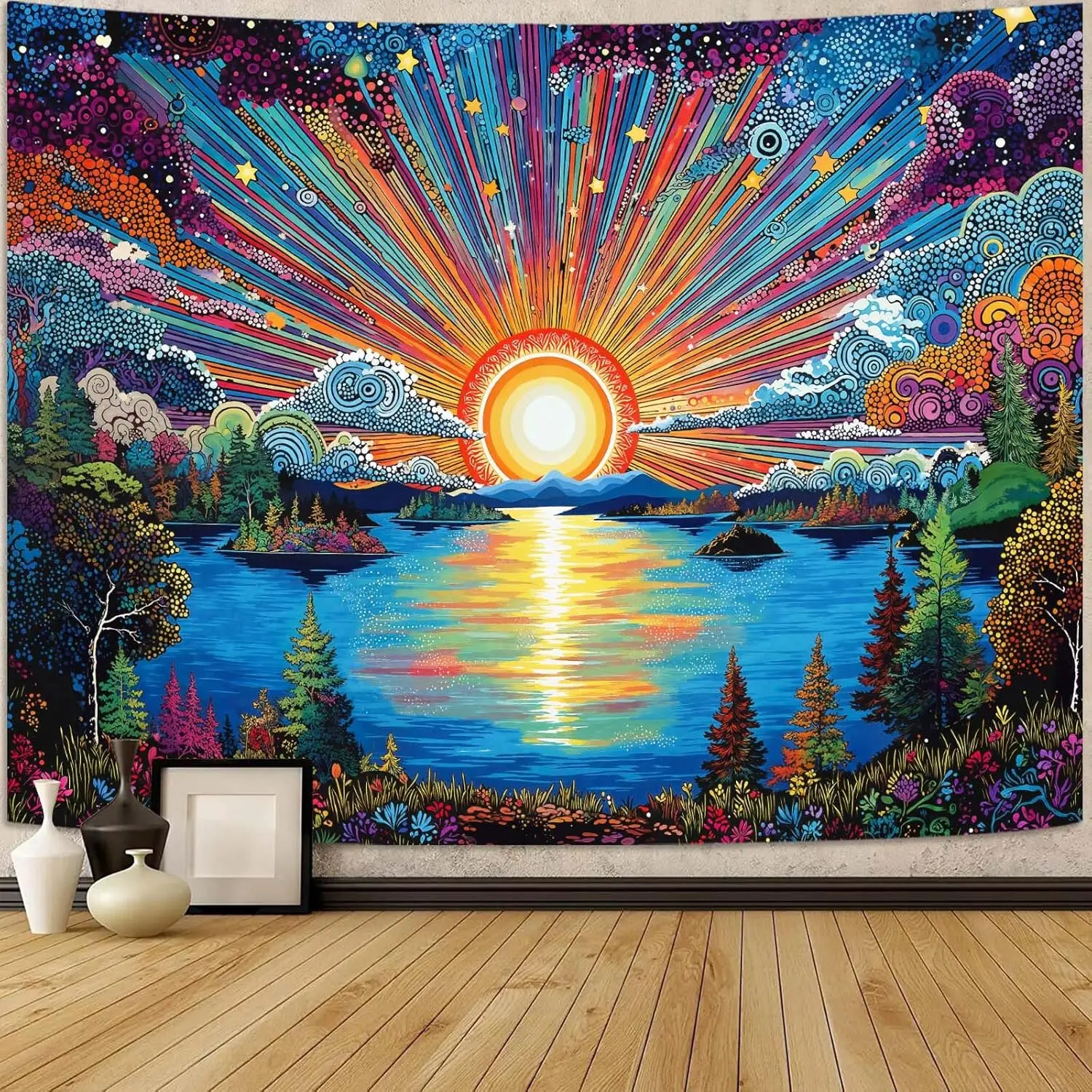 Psychedelic Sunset Tapestry - Trippy Rainbow Sunburst, Lake & Forest Wall Art, Hippie & Boho Decor, Multiple Sizes