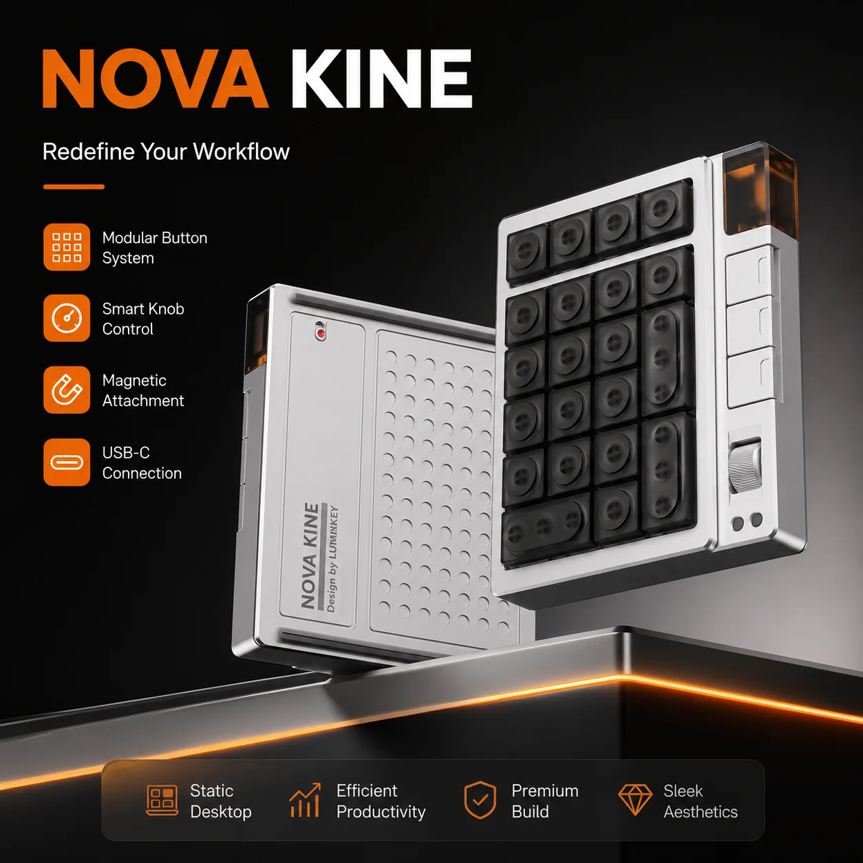 Teclado Numérico LUMINKEY NOVA KINE 7 en 1, Diseño Modular, Intercambiable en Caliente, QMK/VIA, Inalámbrico Trimodal, Perilla Horizontal, 3000mAh, Teclado Macro Personalizable
