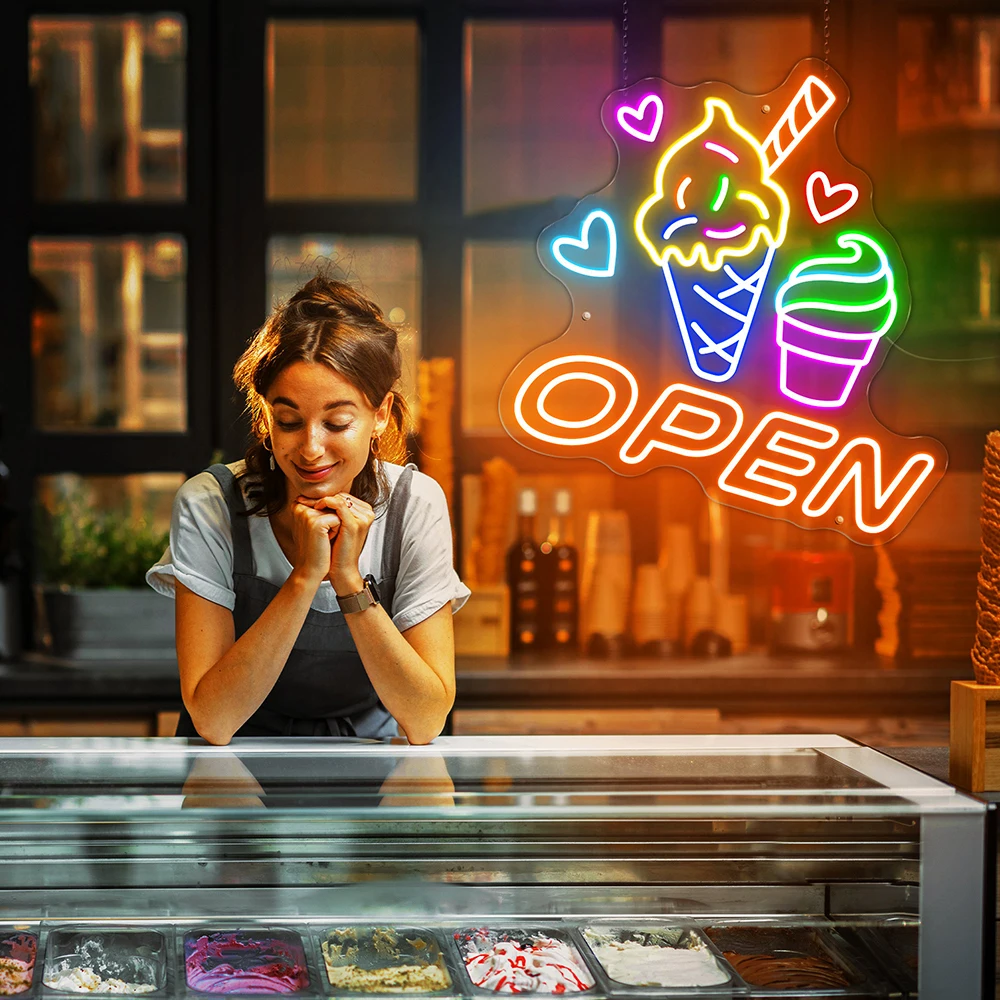 

Ice Cream Open Neon Sign Custom Sorbet LED Neon Light Home Wall Decor Coffee Bar Shop Decoration Business Welcome Open Sign