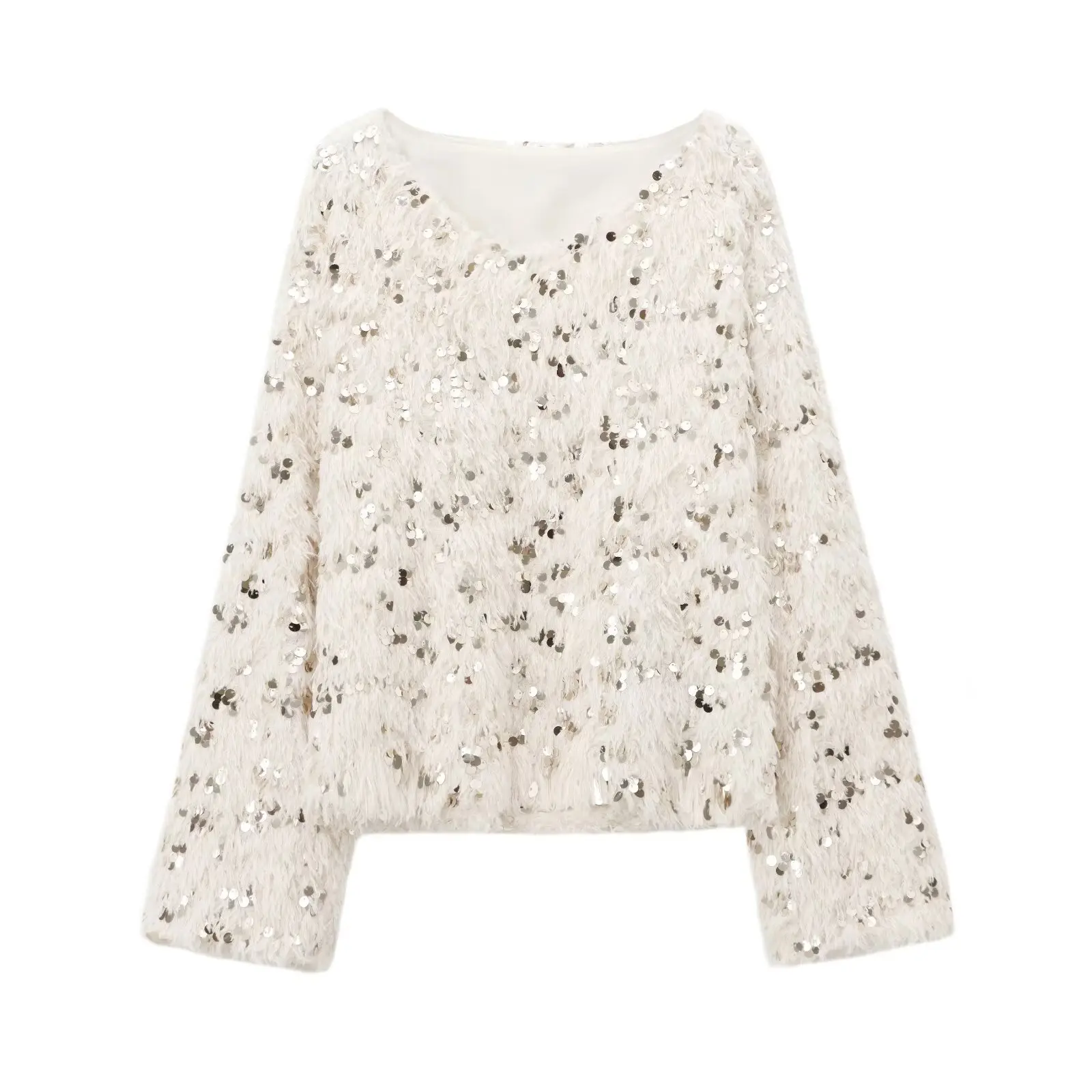 Neue Herbst-Damenbekleidung im europäischen und amerikanischen Stil, V-Ausschnitt, schlanke Atmosphäre, Feder-Pailletten-Pullover, fauler Prominenten-Stil