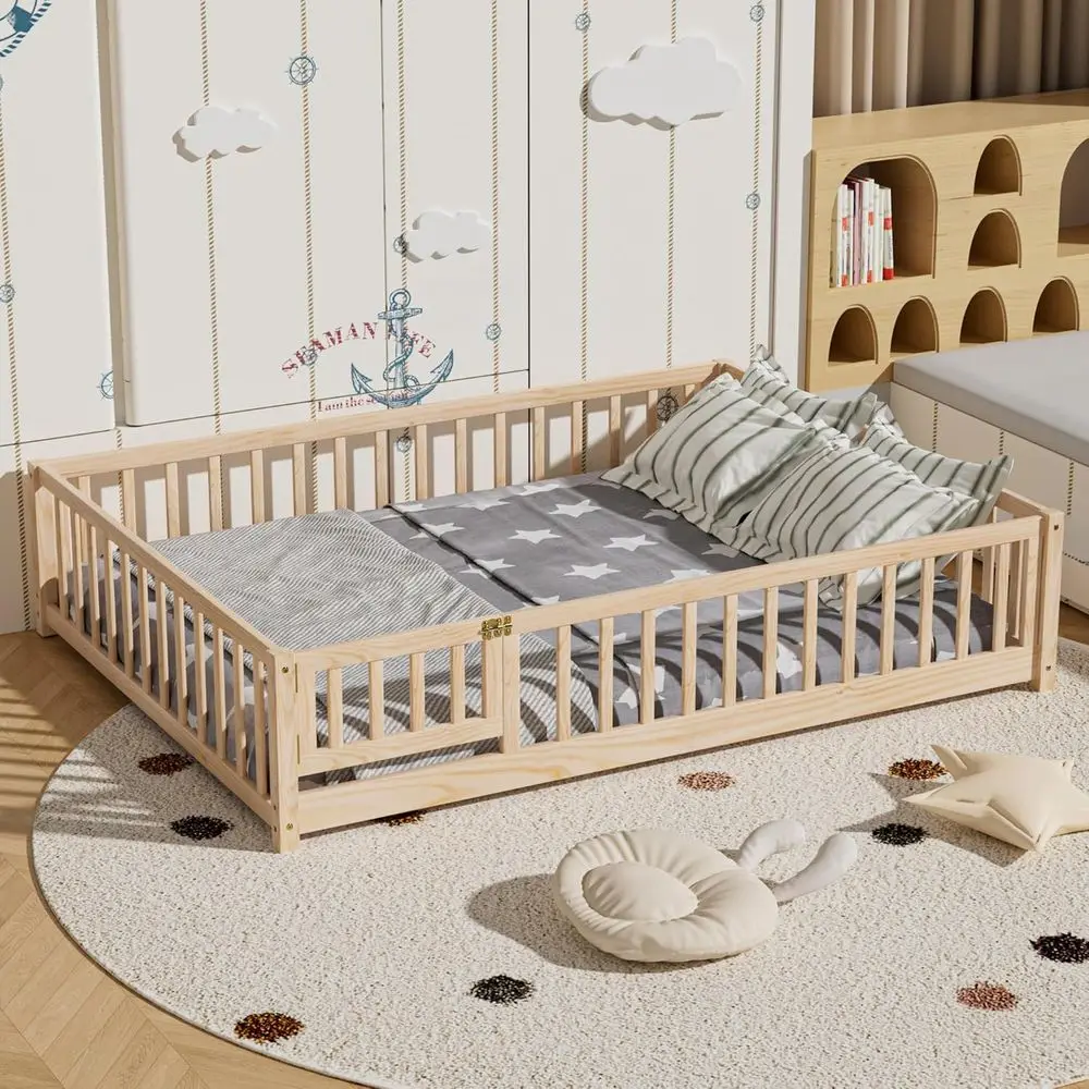 Cama de piso completo Montessori para niños, marco de madera duradero con listones, valla y puerta, cama unisex de madera natural