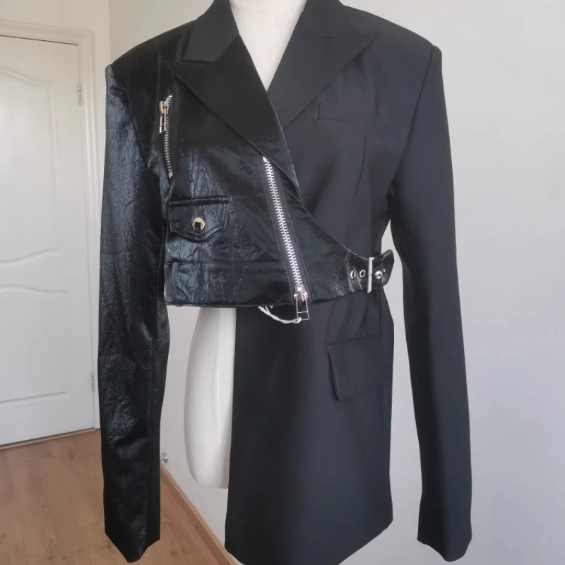 Punk Personality Sweet Cool Asymmetric PU Leather Splicing Women's Coat Original Hollow Out Zipper Button Black Blazer Ladies