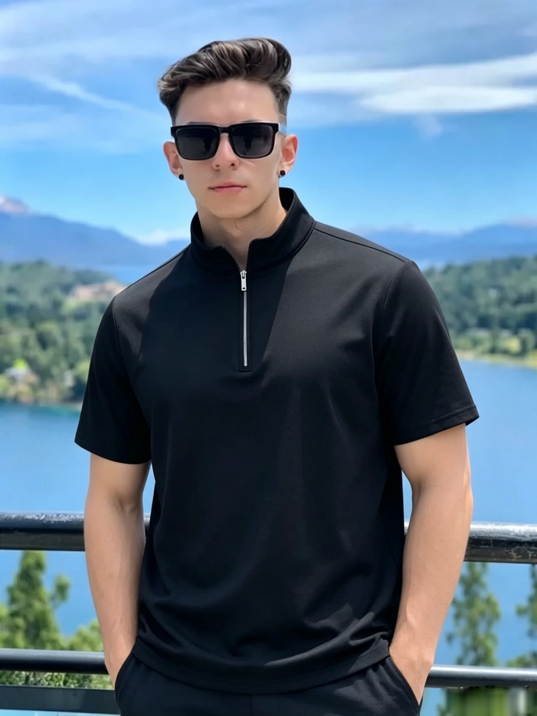 Men's summer short sleeved half zip stand up collar shirt, casual breathable solid color half sleeved shirt, youthful style