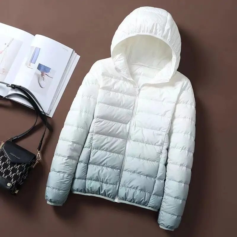 Chaqueta de plumón de pato blanco para mujer, parka ultraligera ajustada de manga larga con capucha, color liso, para otoño e invierno, 90%