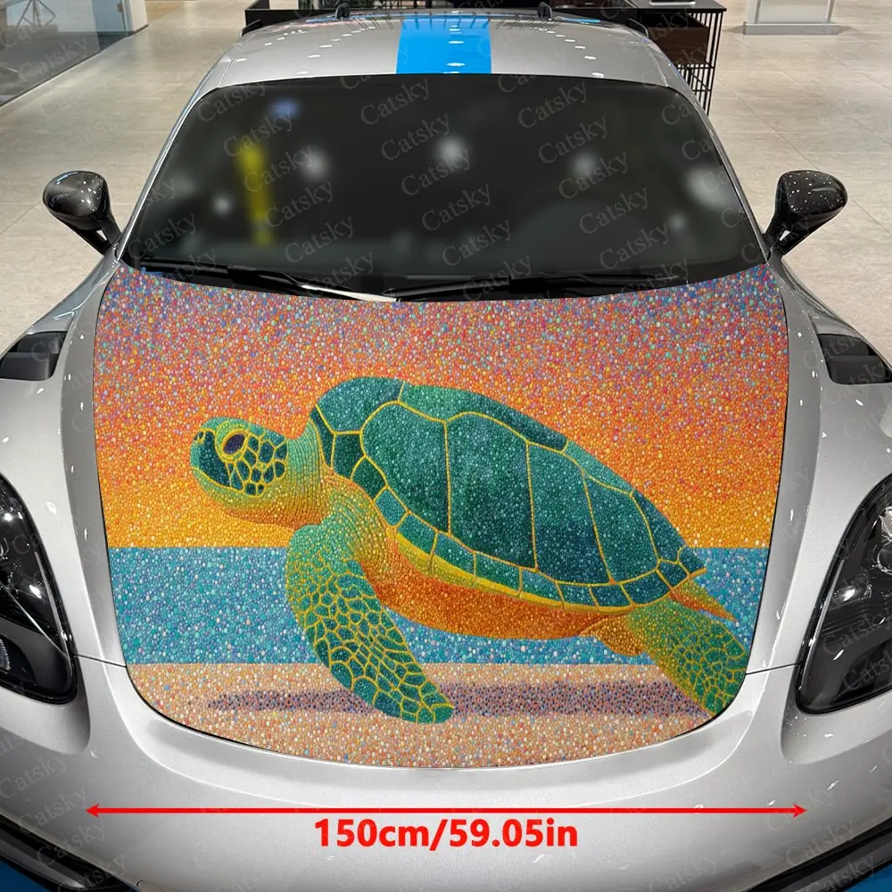 Colorful Sea Turtle in Sunny Beach Scene Car Hood Stickers - Self-Adhesive, Waterproof and Durable Vinyl Wrap, Decorate And Prot