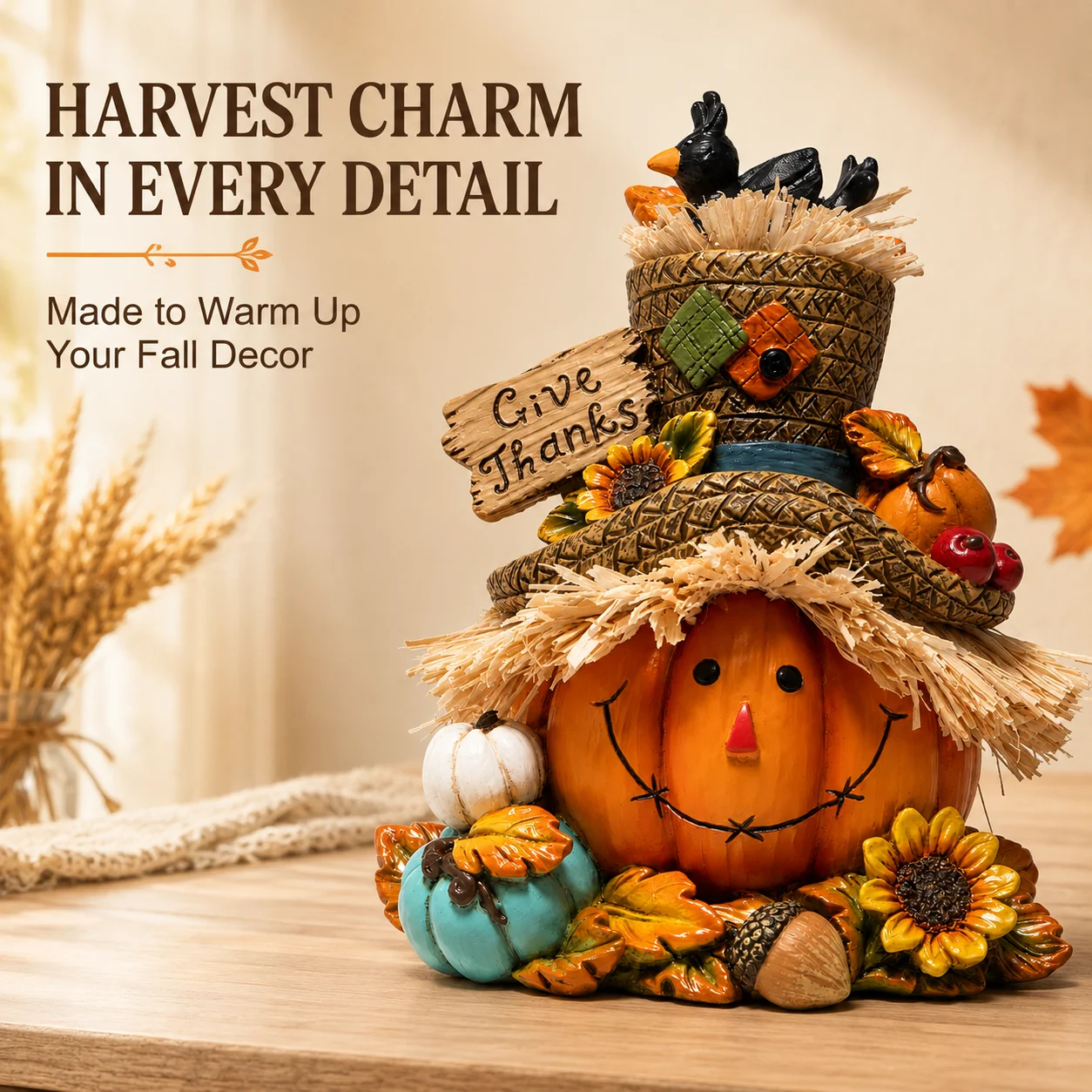 Hodao Resin Thanksgiving Harvest Scarecrow Figurine Figure Model, Pumpkin Face Autumn Decor with Give Thanks Sign & Cute Black Crows, Rustic Farmhouse Tabletop Statue with Straw Hat & Sunflower, Holiday Accent Ornament for Home Shelf Mantel Display 3