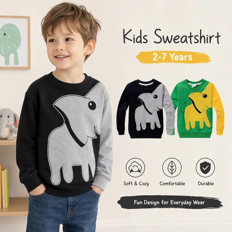 Little Hand Boys Sweatshirts Cute Elephant Shirts Clothes Kids Pullover Hoodie Toddler Long Sleeve Cotton Sweatshirts for 2-7T
