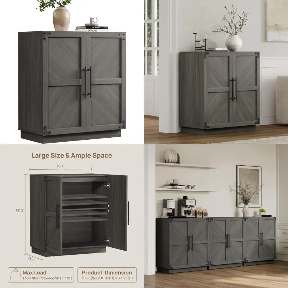 Modern Farmhouse Style Buffet Cabinet with Doors and Adjustable Shelves - Kitchen Storage Credenza for Fluted Design