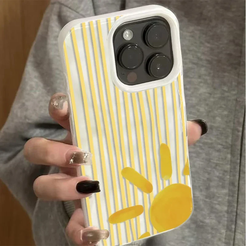 Yellow Striped Sun Pattern Phone Case For iPhone 17 Pro Max 13 12 11 14 Pro Max 16Plus 17Air 15Pro Wave Texture Soft Cover