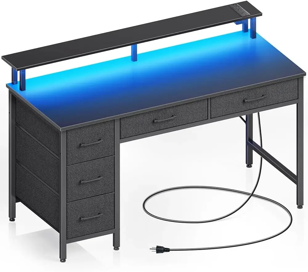 

Computer Desk with Power Outlets & LED Light, 55 inch Home Office Desk with 5 Drawers, Writing Desk with Monitor Stand, Work Des