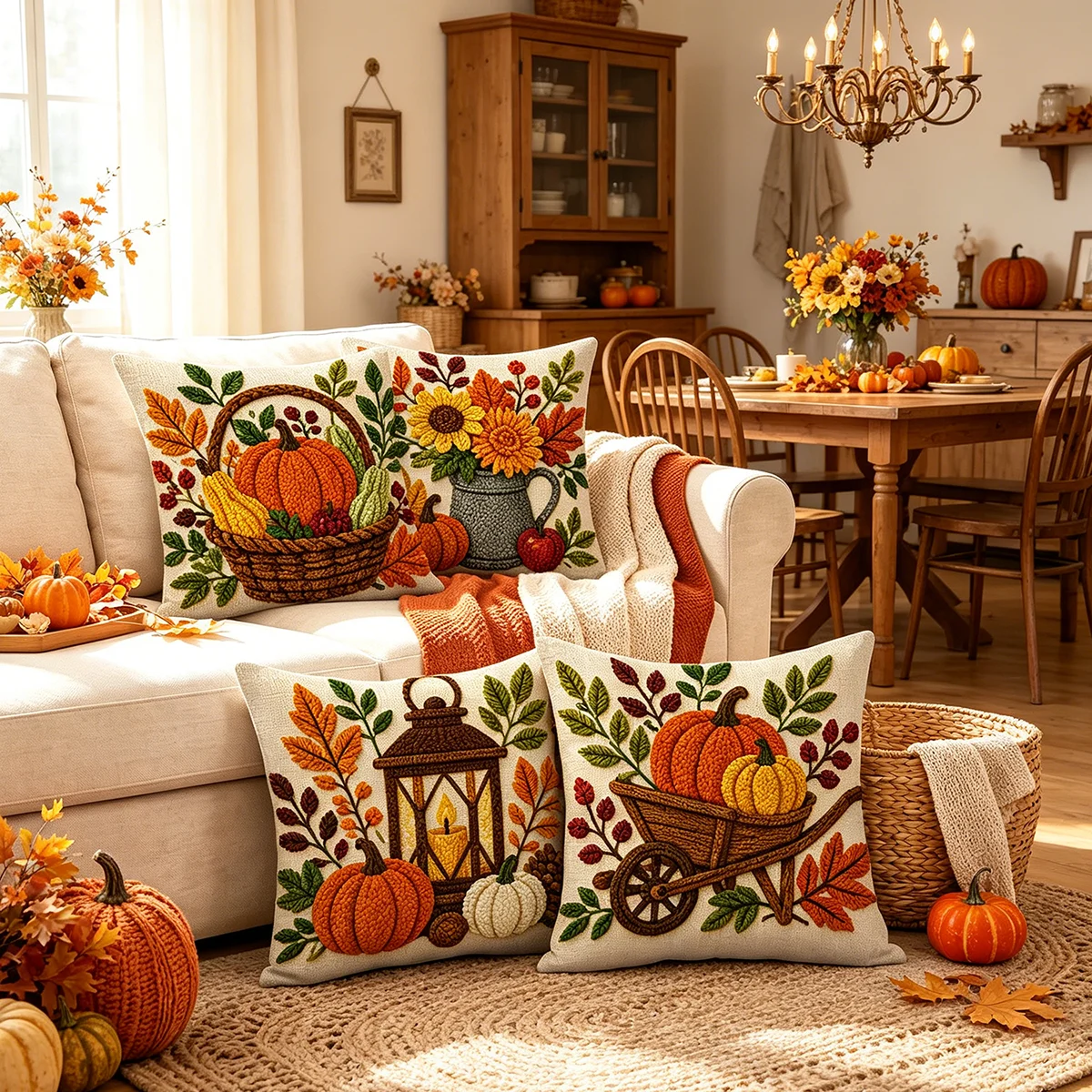 4PCS Digital Print Pillow Covers, Cushion Covers, Stitched Pumpkins Basket Lantern Cart Warm Autumn Harvest Home Sofa Decor