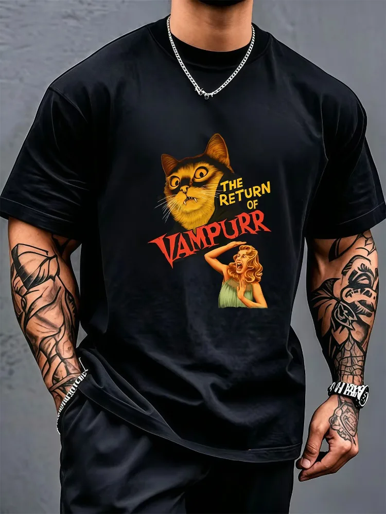 Retro Vampurr Vampire Cat Horror Graphic Mens Soft Cotton Short Sleeve Tee Halloween Daily T Shirt For Cat Lover Adult Male Fans