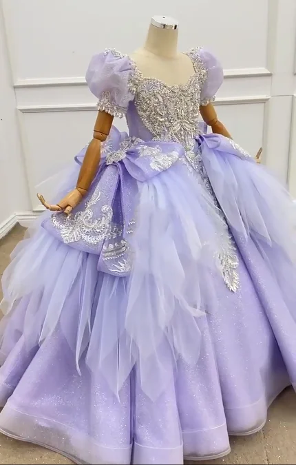 Luxury Lavender Child Party Dress Heavy Beaded Crystal Rhinestone Flower Girl Dresses Lace Up Back Pageant Gowns