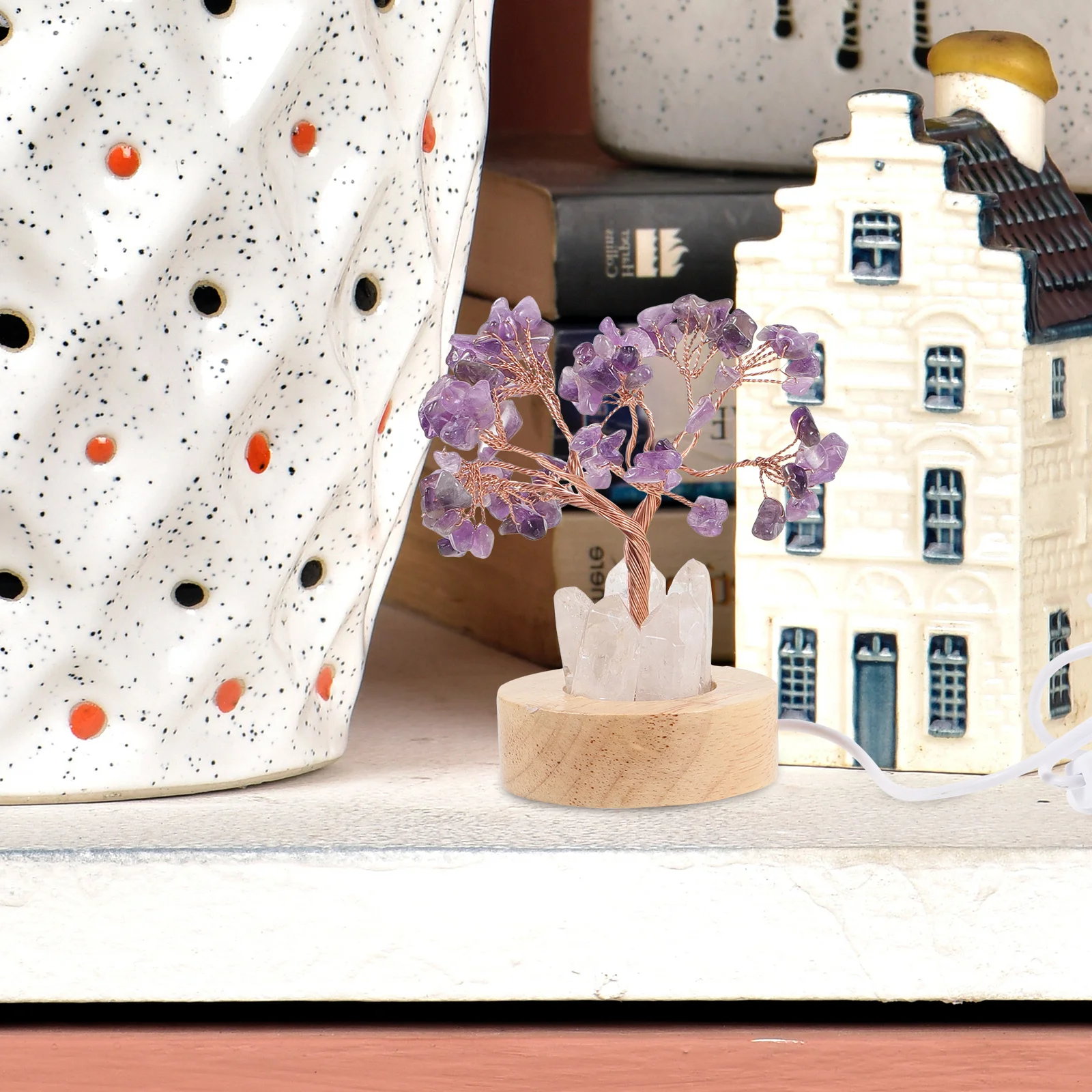 شجرة كريستال جمشت ضوء ليلي صغير خشبي ديكور أباجورة غرفة نوم مصباح ليلي لأجواء دافئة بجانب السرير،