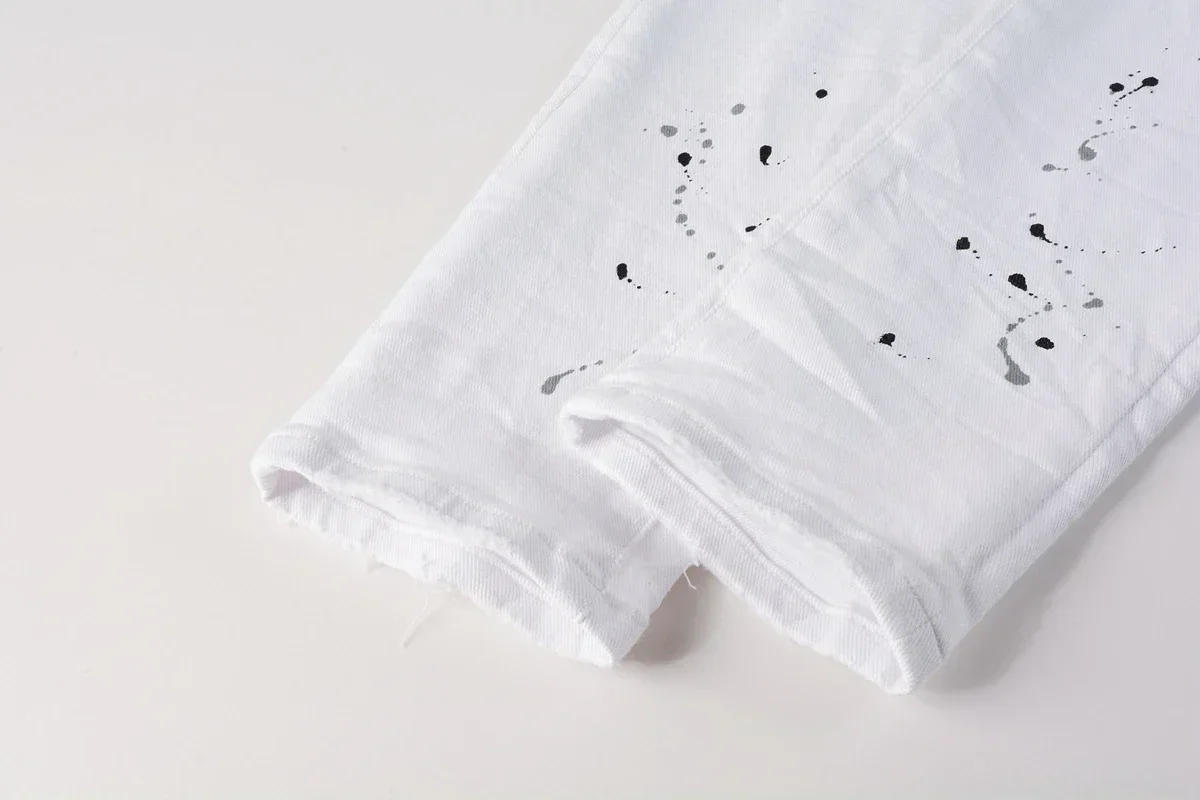 High Street Fashion Men's Low Rise Skinny Jeans White Paint Distressed Repaired Top Quality Denim Brand Pants