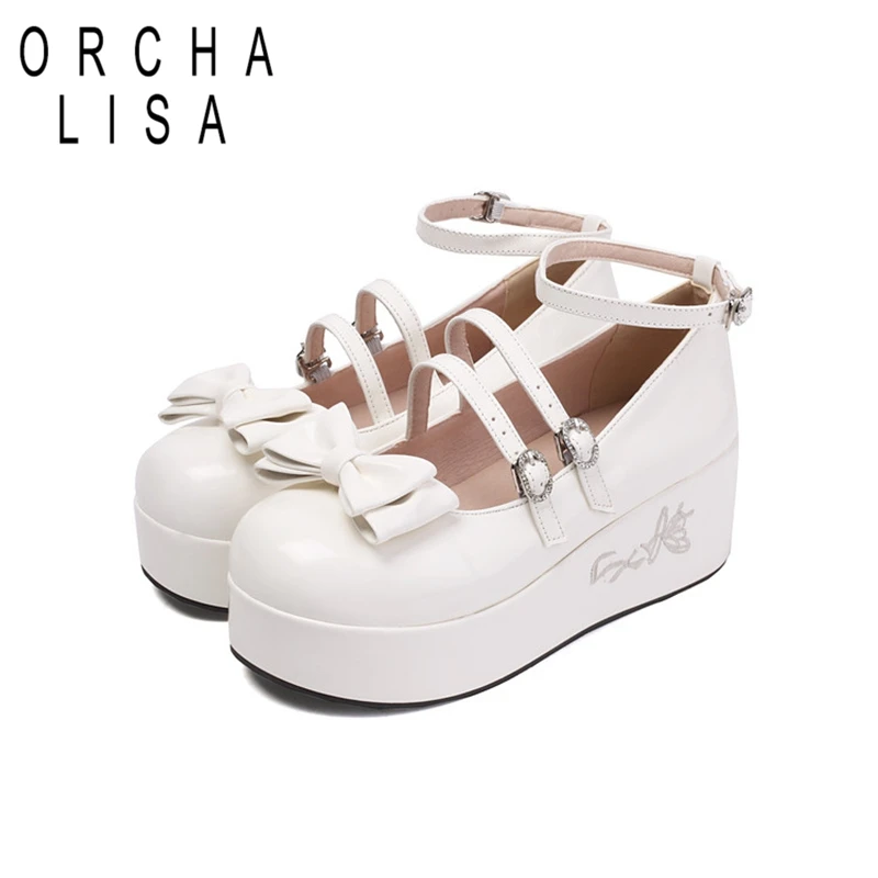 

ORCHALISA Студенческая обувь в римском стиле с круглым носком, высокая платформа 3 см, каблук 5,5 см, пряжка, галстук-бабочка, большой размер 44 46 48 50, черный, бежевый