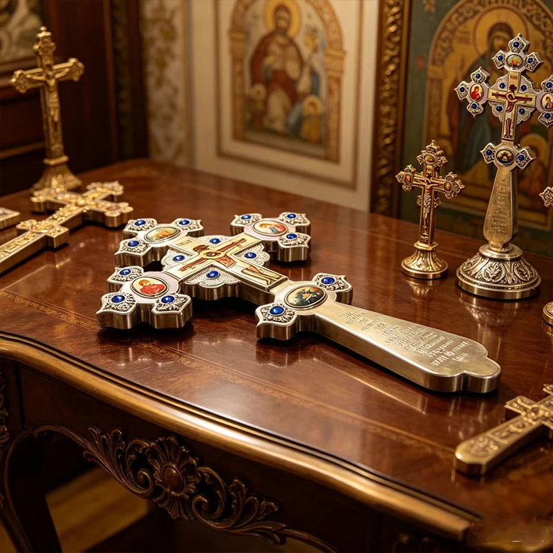 New Premium Orthodox Pectoral Cross Necklace with Enamel Icons & Blue Crystals for Priest Clergy Liturgical Wear and Blessing