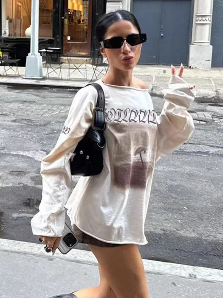 غريب سنور عادية فضفاض البلوز تي شيرت المرأة الخريف الاتجاه انحراف طوق كم كامل الرسومات طباعة عادية لينة البرية اليومية تيز