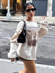 Weird Puss Casual Loose Pullover T-Shirt Women Autumn Trend Skew Collar Full Sleeve Graphics Print Casual Soft Wild Daily Tees