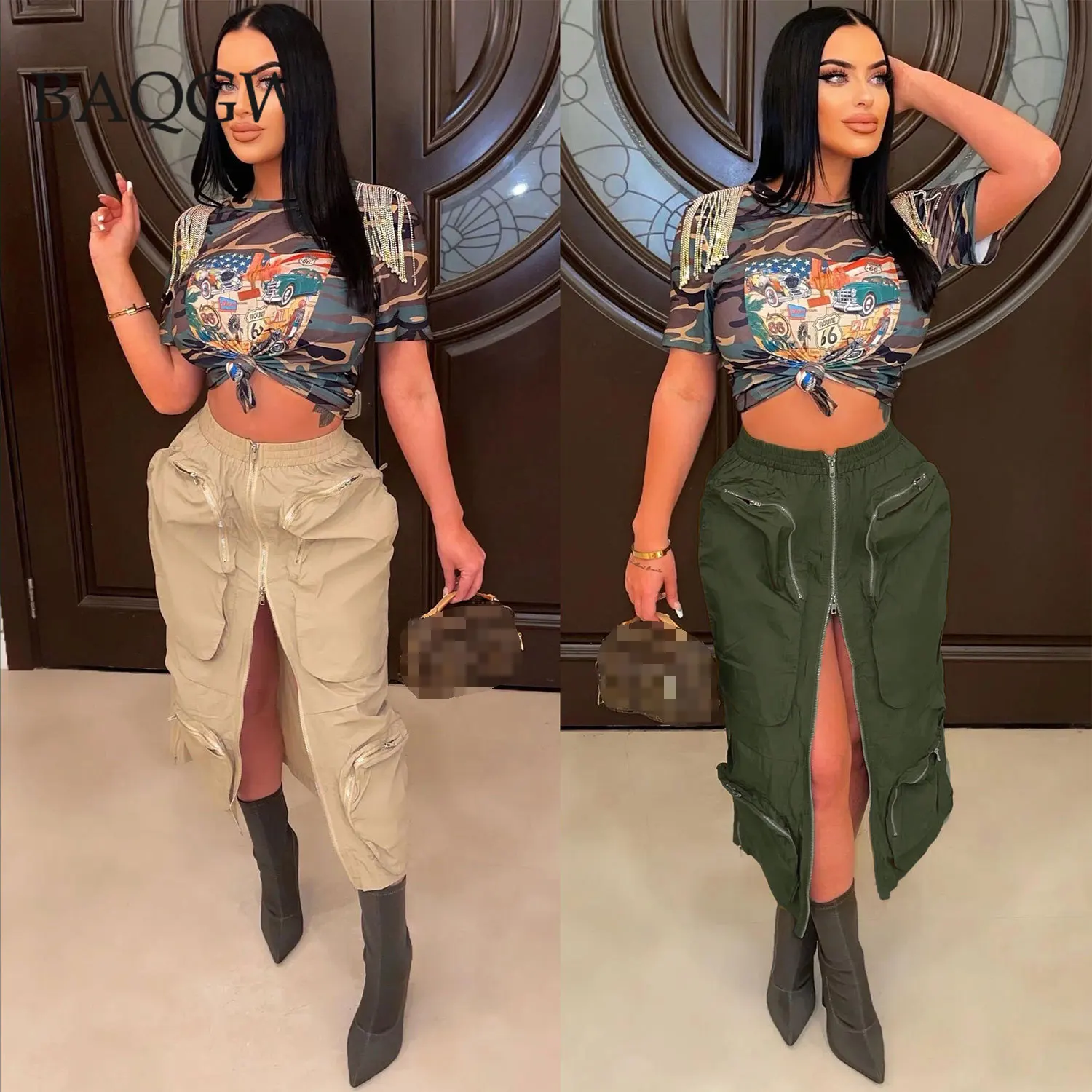 Fashion Elastic Waist Khaki Army Green Cargo Skirt 2023 Summer Women Y2K Front 3D Pockets Center Zipper Midi Skirts Streetwear