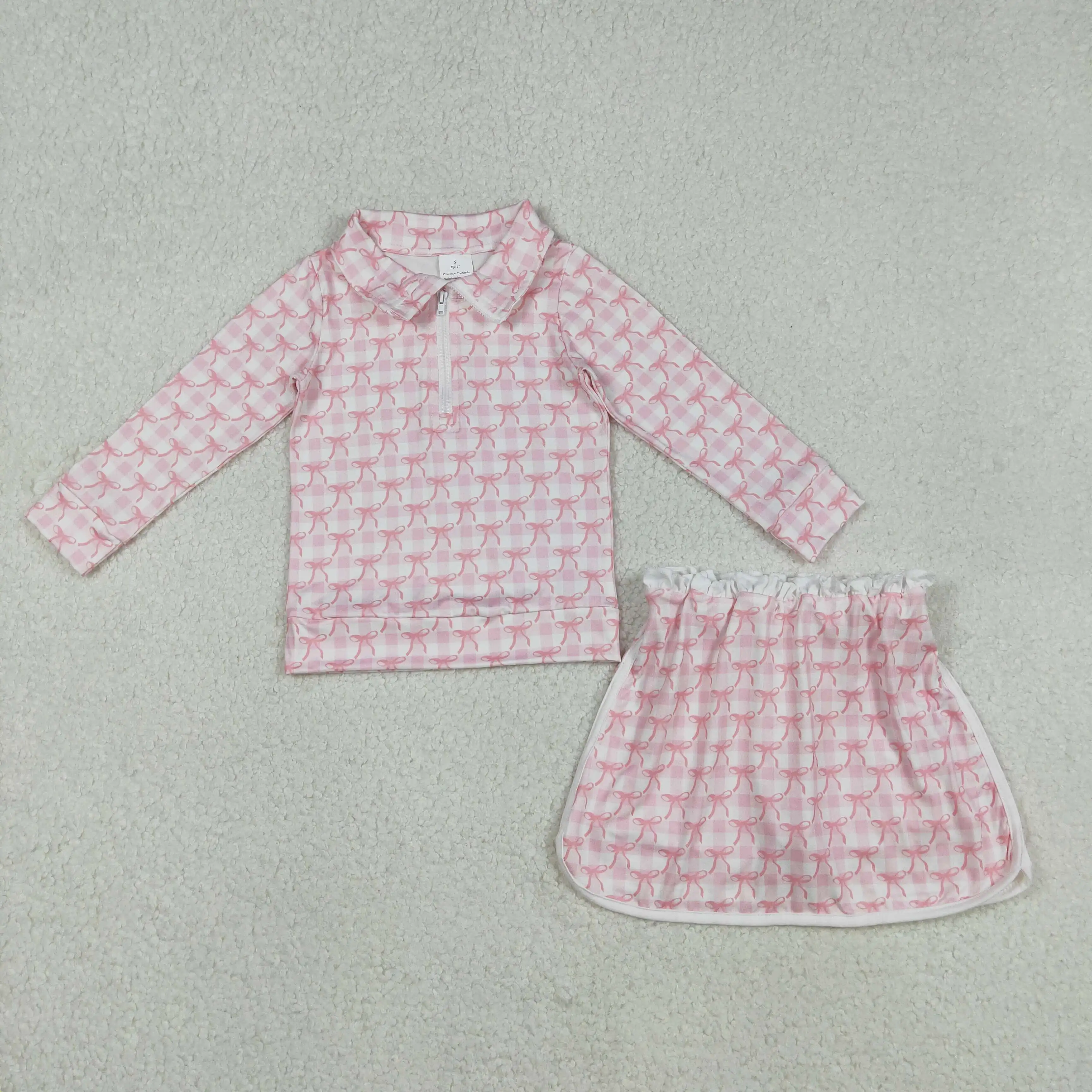 

Baby Girls Pink Plaid Bow Pullover Skort Set Long Sleeves Zip Top Skort Bottoms Outfit for Toddlers