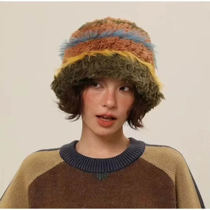 Rabbit Hair Knitted Fisherman Hat Plush Women Make Face Look Smaller Rabbit Fur Big Fashion