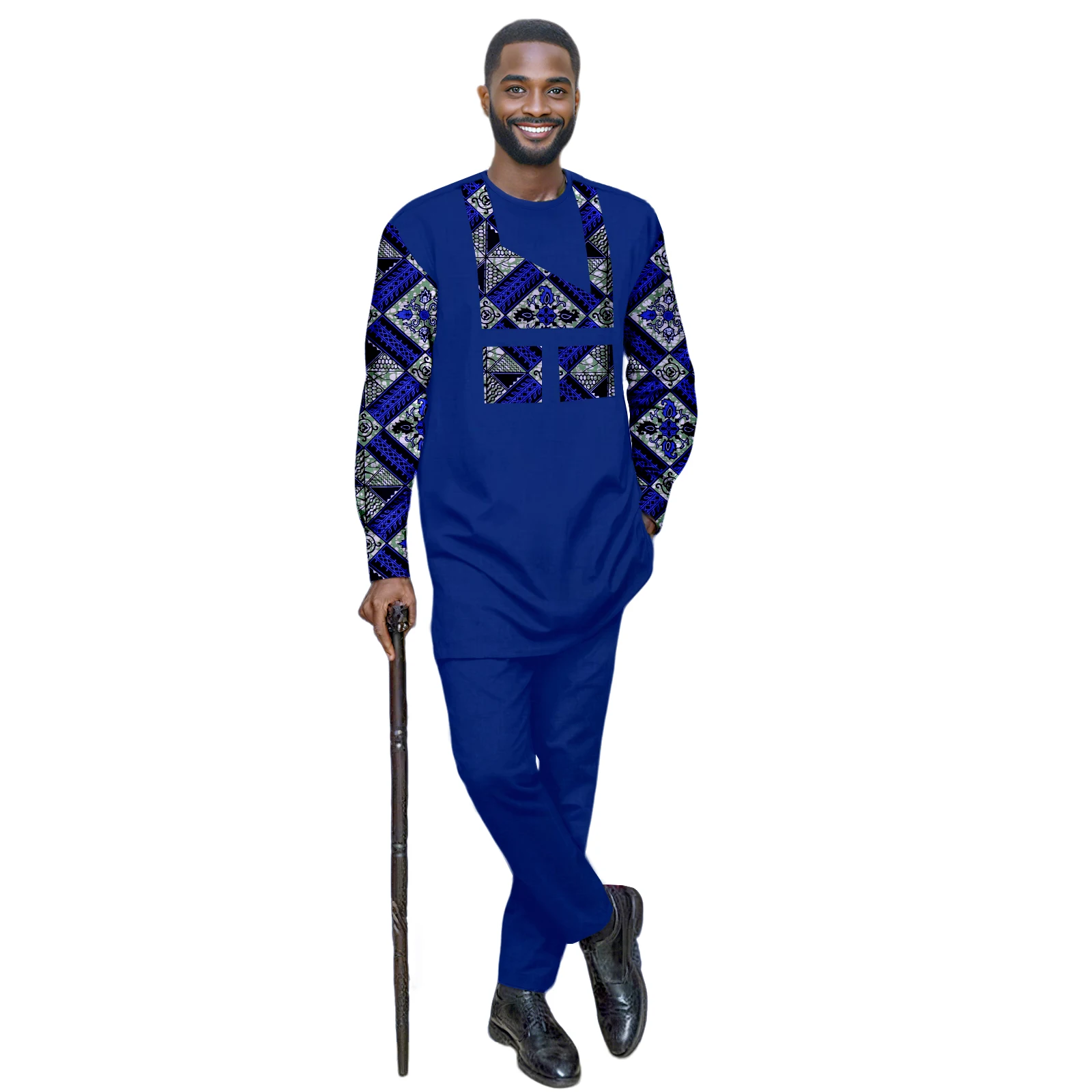 

African Suit For Men Dashiki Kente Print Patchwork Shirt Pants 2 Piece Outfits Sets Ankara Attrie Clothing