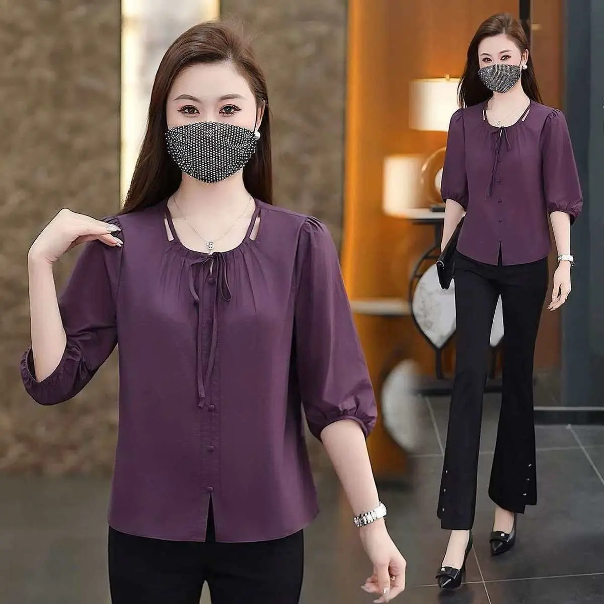 

Женская фиолетовая рубашка для похудения с круглым вырезом, завязками на талии, рукавом 3/4, в корейском стиле, свободного кроя, из дышащего полиэстера